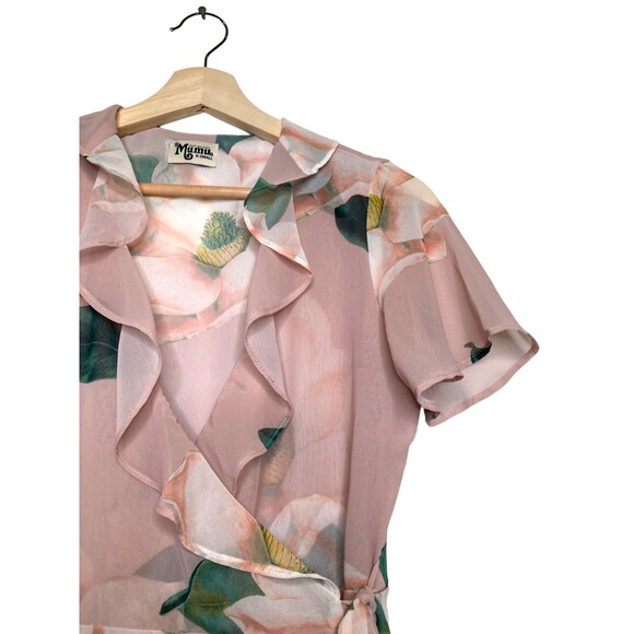 SHOW ME YOUR MUMU Floral Winnie Wrap Dress XS Pink Ruffle Flutter Sleeves Mini - Picture 6 of 12